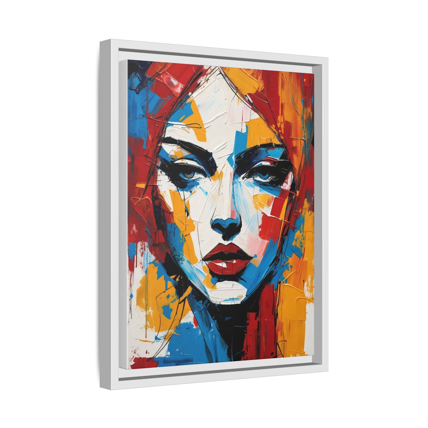 Framed Abstract Portrait Canvas — Colorful Female Face Wall Art