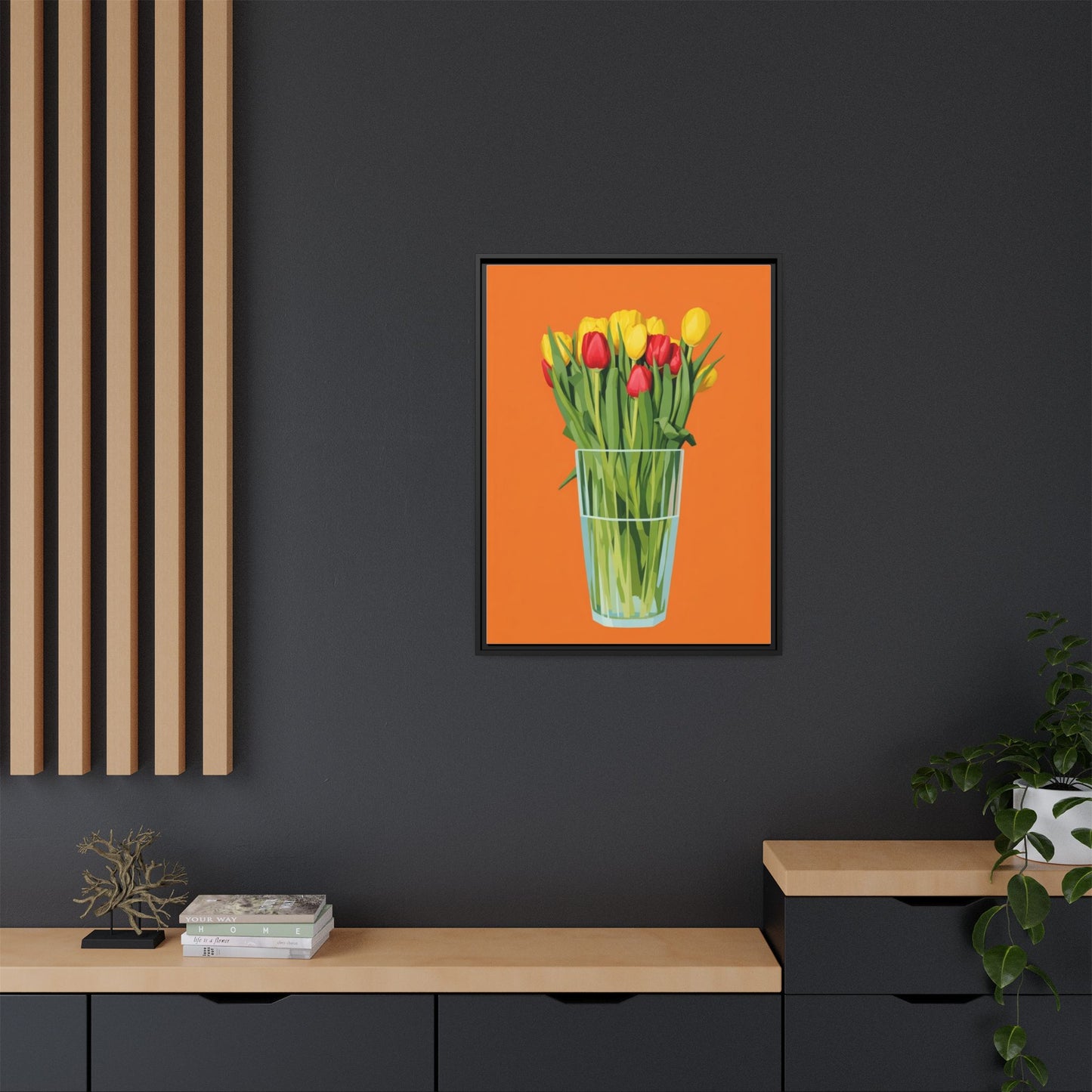 Framed Tulip Canvas Print — Colorful Tulips in Glass Vase
