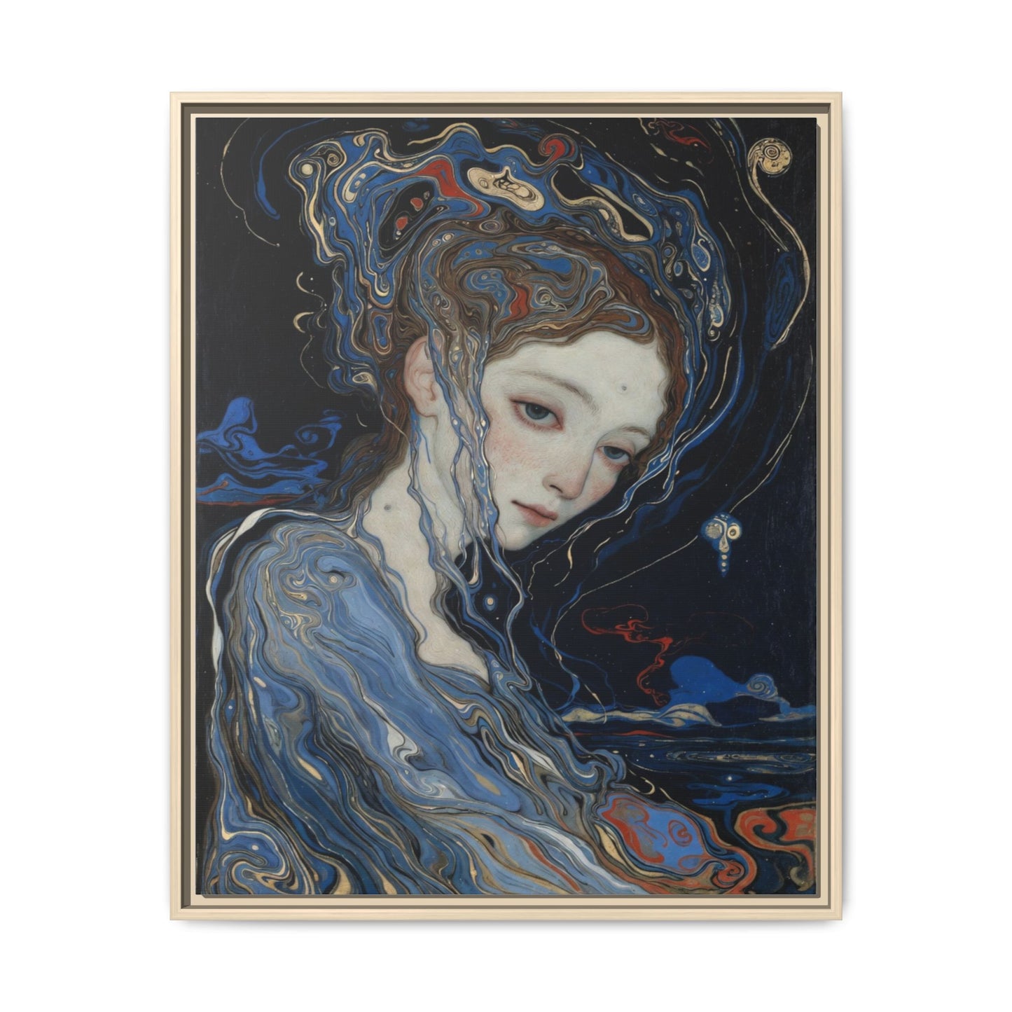 Framed Matte Canvas Art Print — Surreal Blue Maiden Portrait