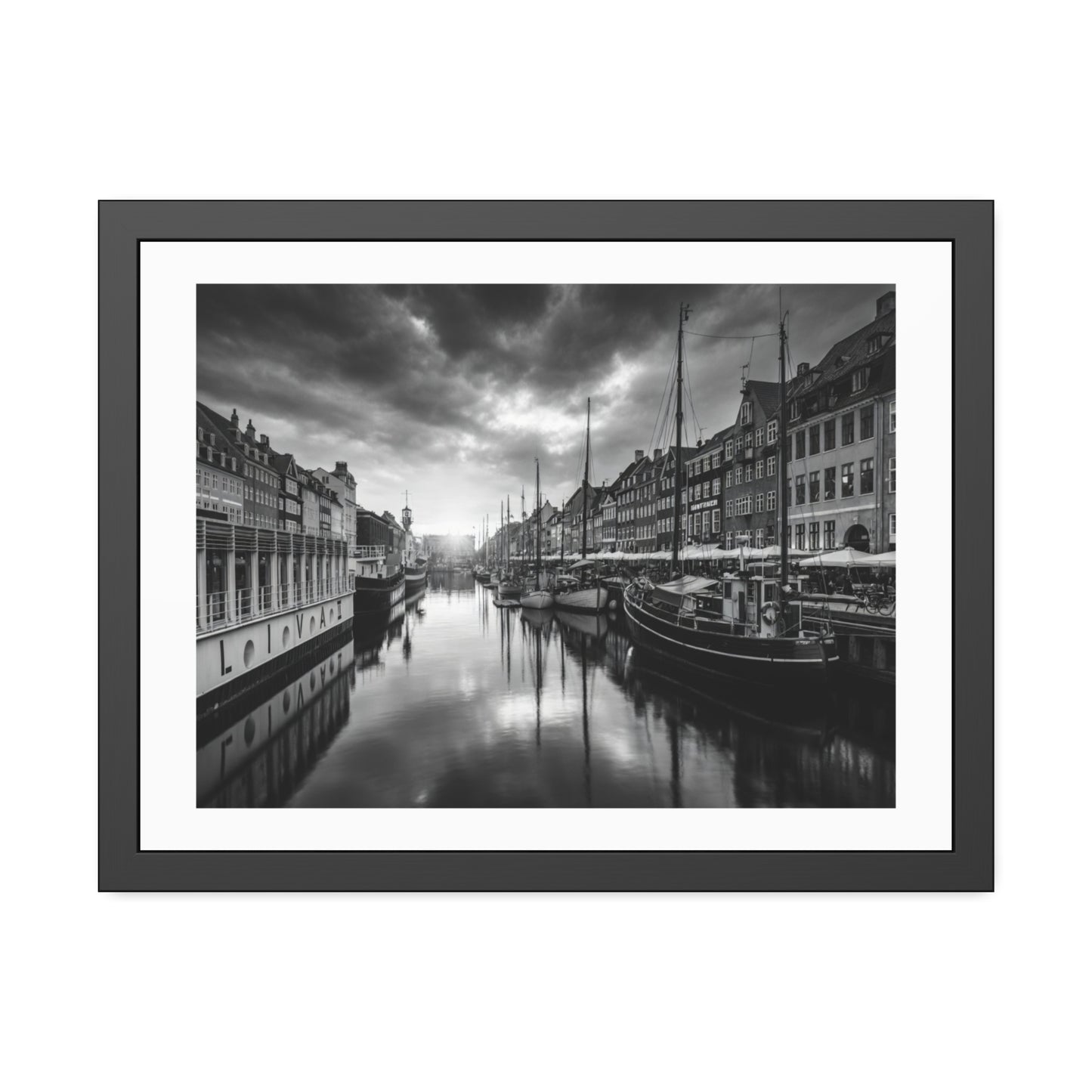 Black & White Dutch Canal Framed Photo Print — Nautical Cityscape Wall Art