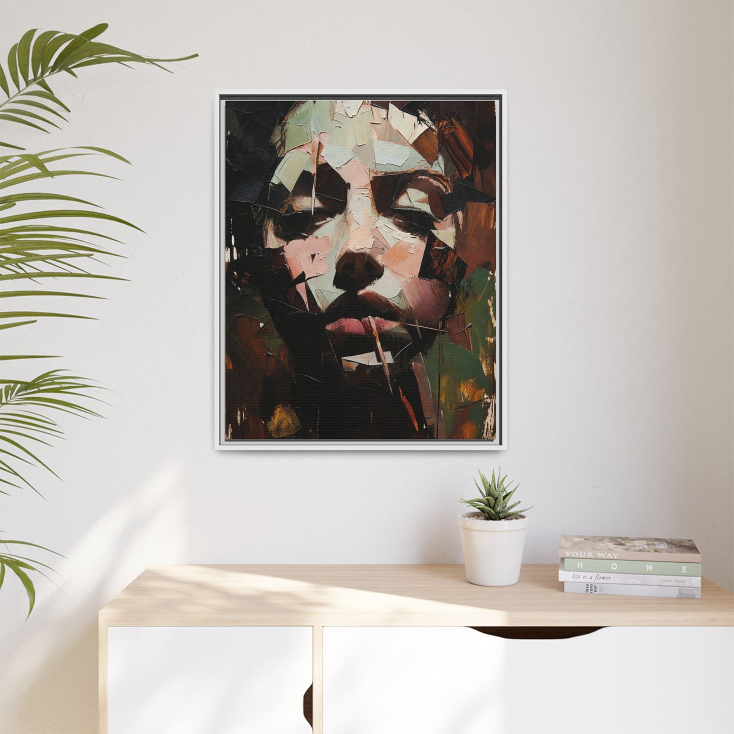 Matte Framed Canvas Art — Abstract Female Portrait, Moody Multicolor