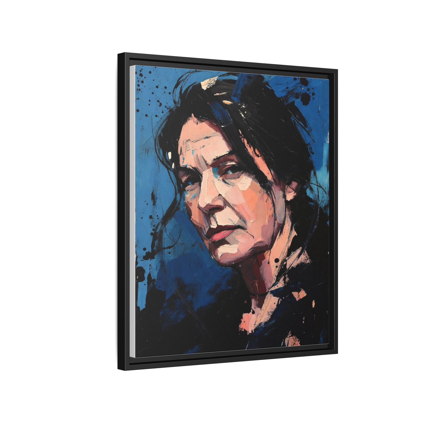 Framed Matte Canvas Portrait — Expressive Blue Painterly Woman Art