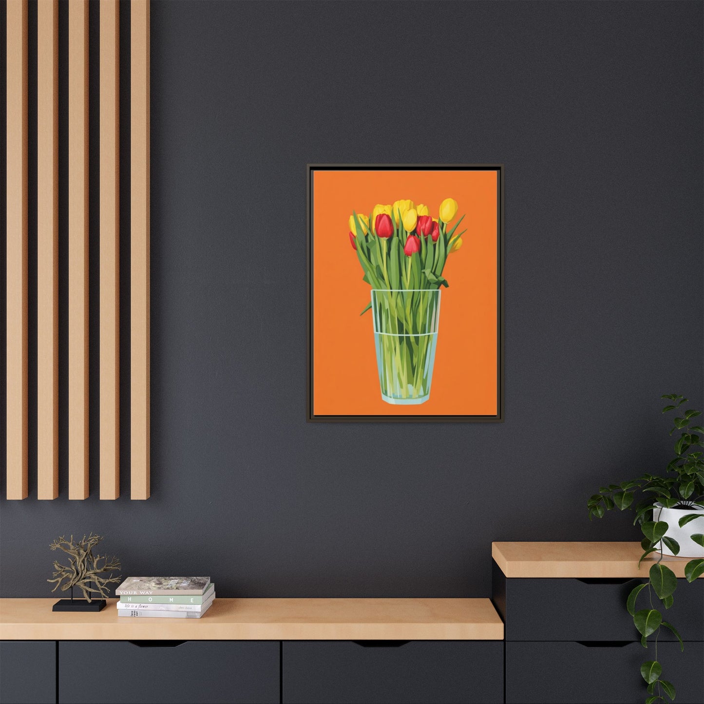 Framed Tulip Canvas Print — Colorful Tulips in Glass Vase