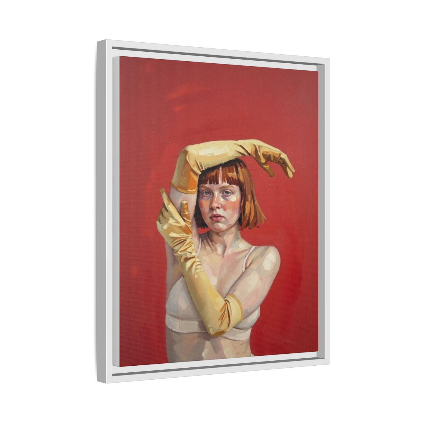 Framed Matte Canvas Art - Portrait of Woman in Yellow Gloves (Red Background)