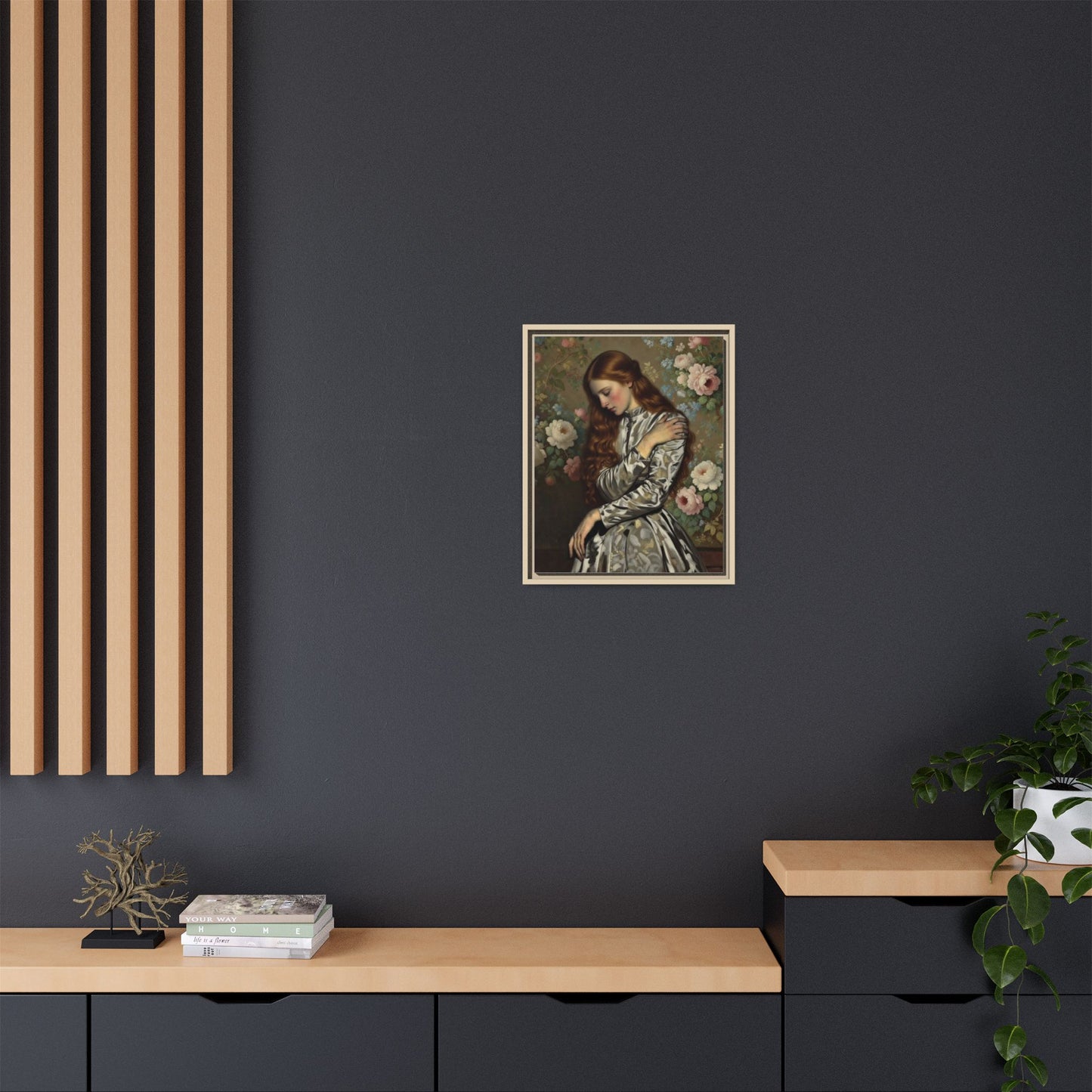 Framed Matte Canvas Art — Vintage Floral Portrait of a Young Woman