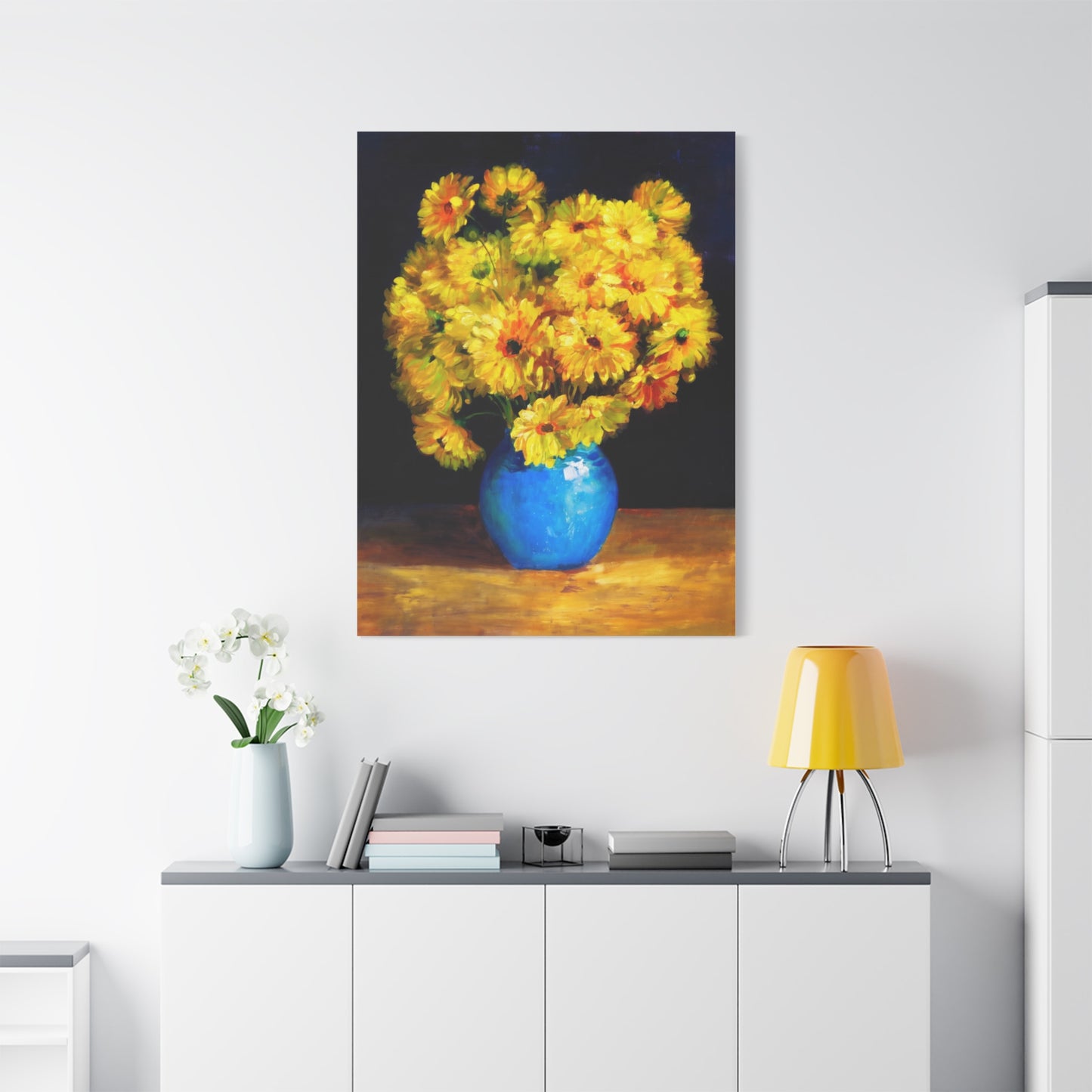 Yellow Chrysanthemum Canvas Wall Art — Blue Vase Floral Painting (Stretched Matte)