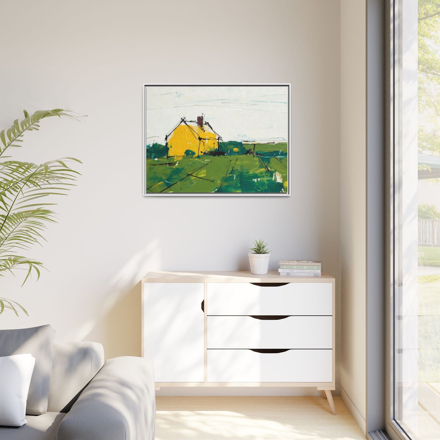 Yellow Cottage Landscape Framed Canvas Print