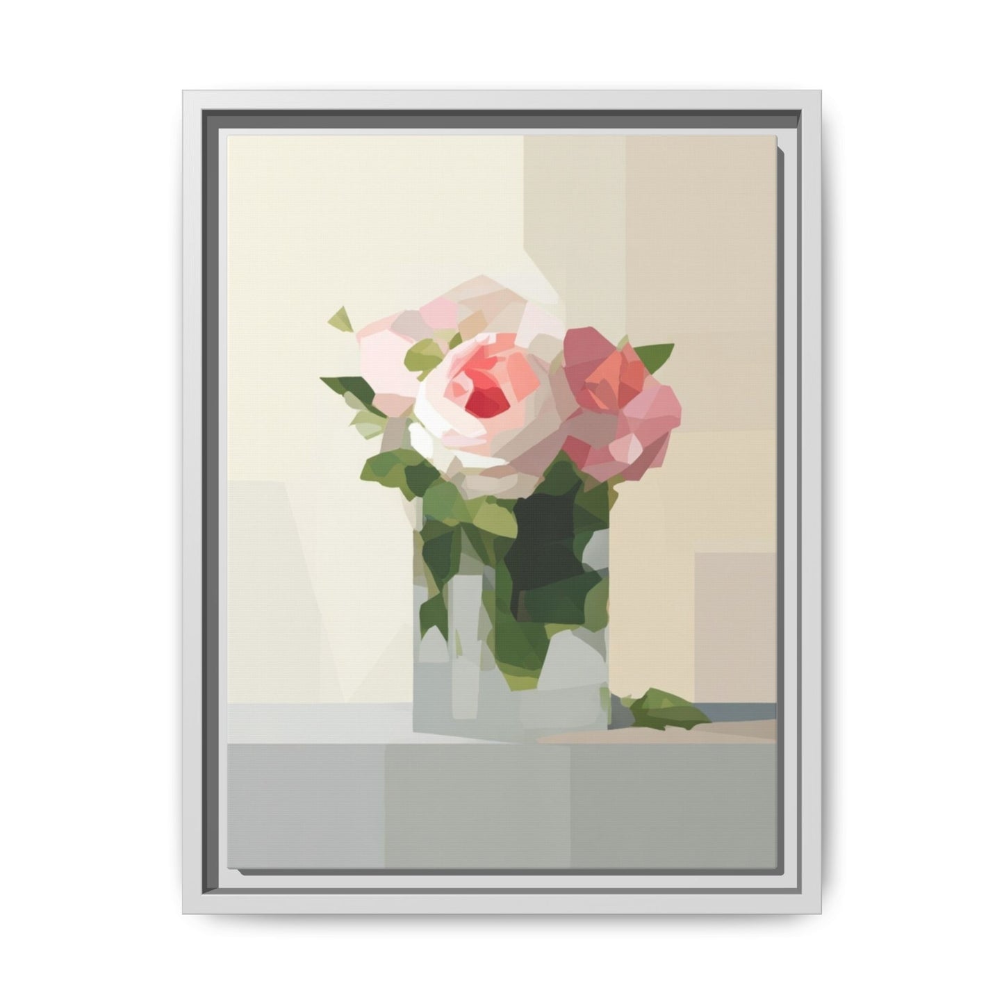 Framed Floral Canvas Print — Geometric Pink Rose Wall Art
