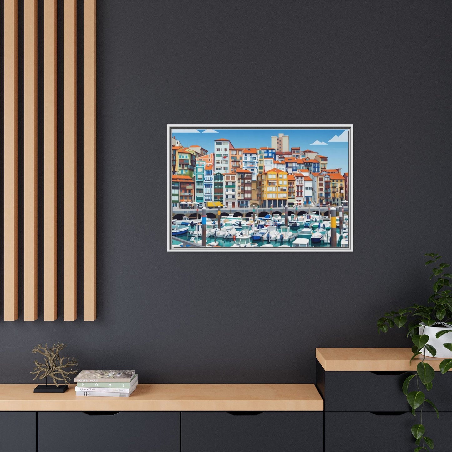 Framed Matte Canvas Print — Colorful Mediterranean Harbor Illustration