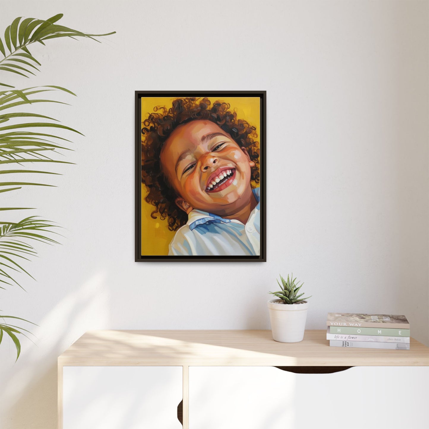 Framed Matte Canvas Print – Joyful Child Portrait, Colorful Nursery Wall Art