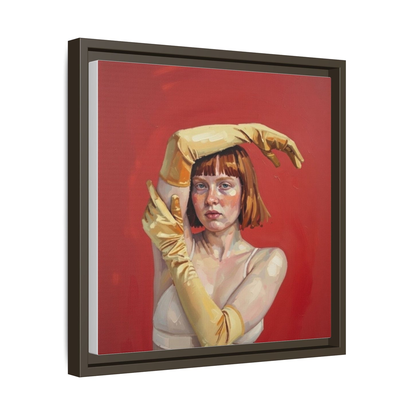 Framed Matte Canvas Art - Portrait of Woman in Yellow Gloves (Red Background)