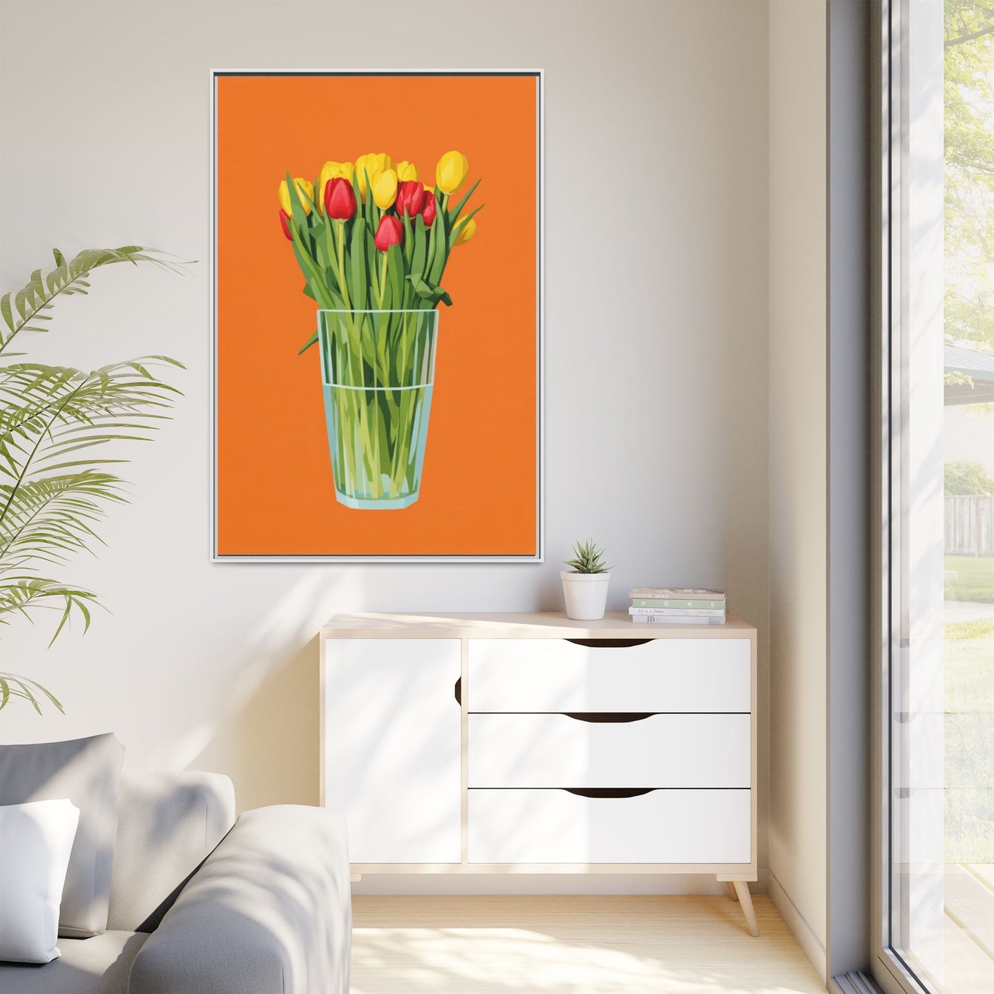 Framed Tulip Canvas Print — Colorful Tulips in Glass Vase