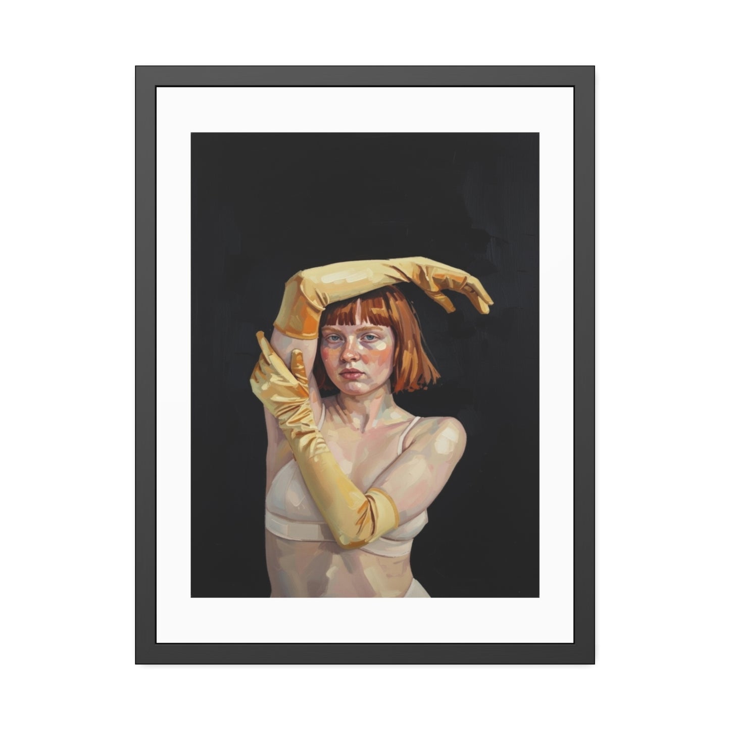 Framed Art Poster — Portrait of Redhead Woman in Yellow Gloves (Gallery Wall Print)