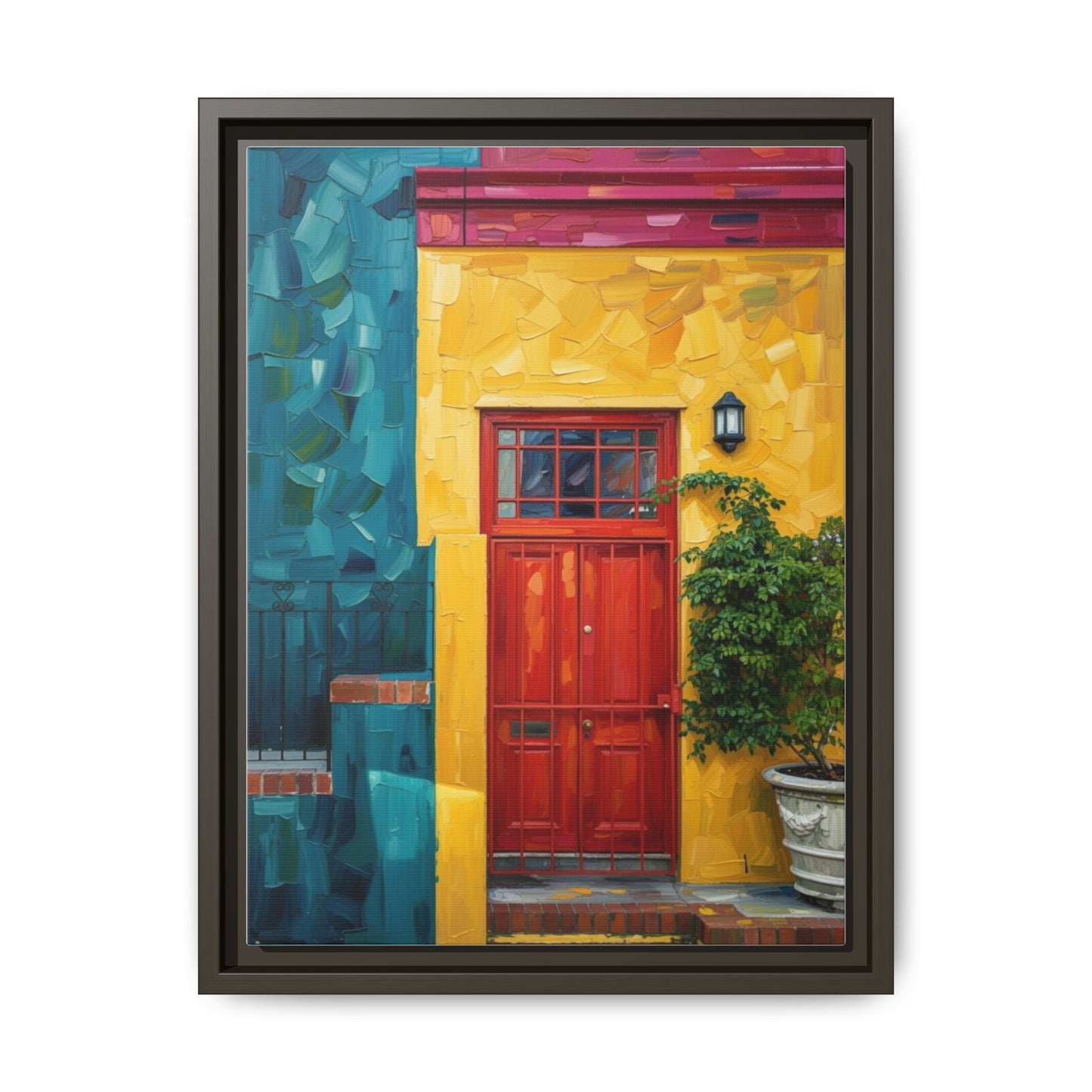 Framed Matte Canvas Wall Art — Colorful Red Door on Yellow Facade