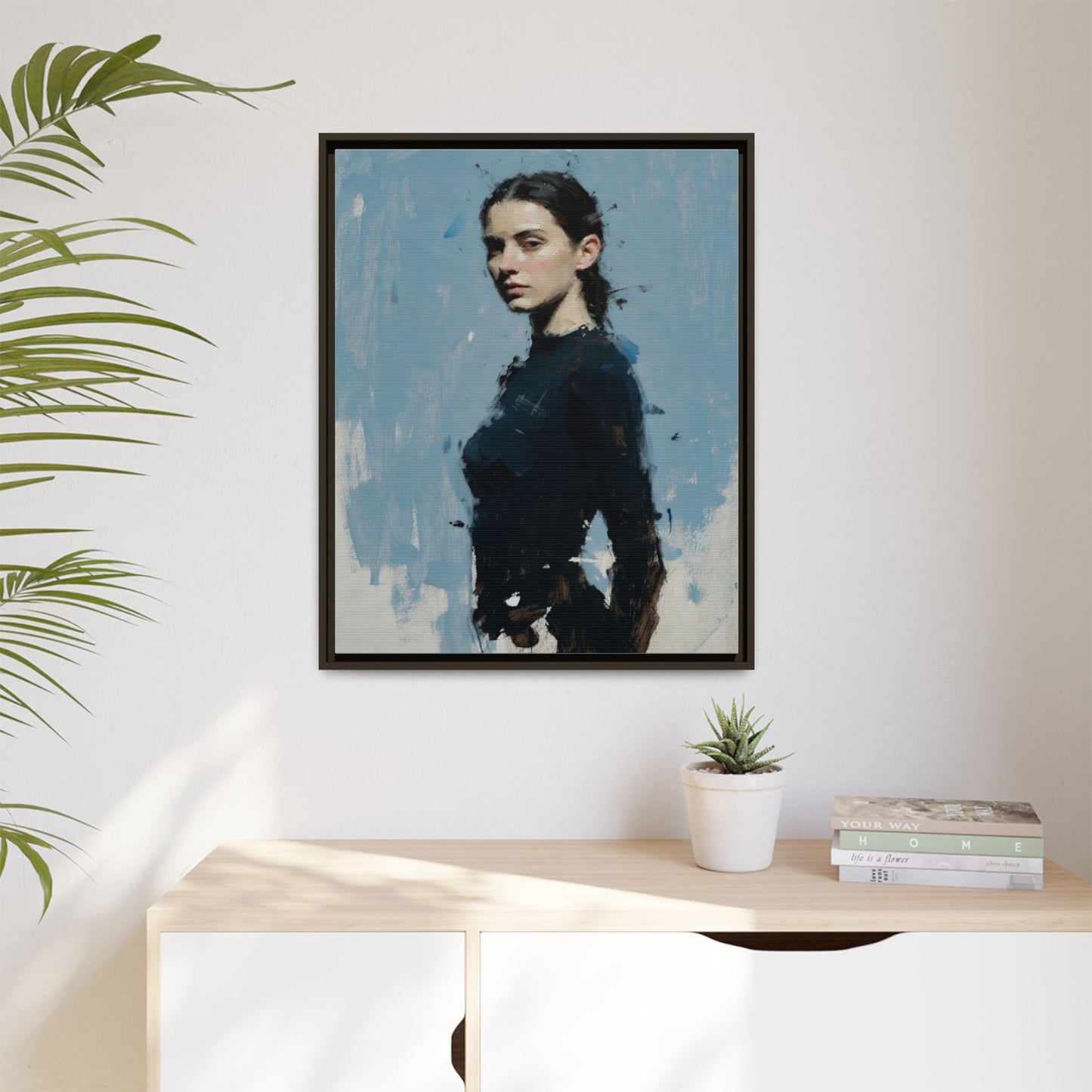 Framed Matte Canvas Portrait Print — Elegant Blue Woman Art