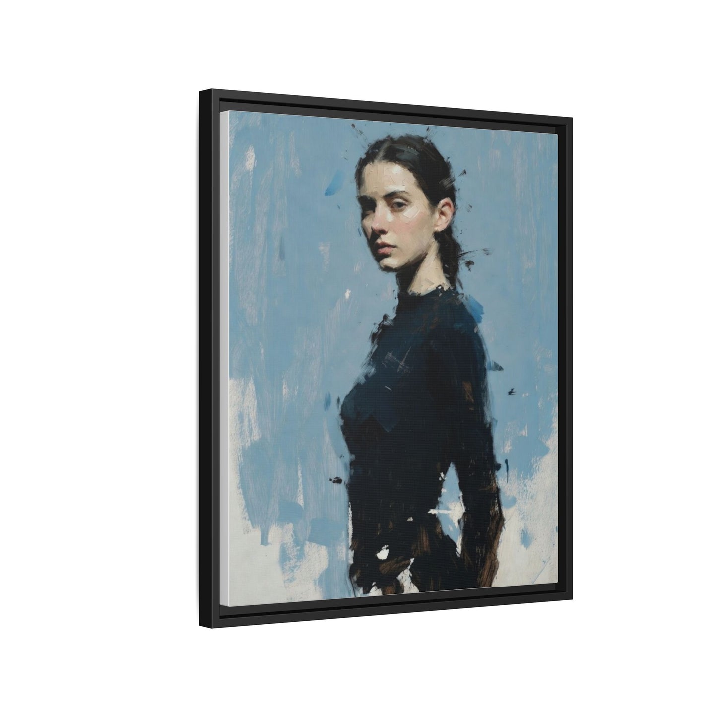 Framed Matte Canvas Portrait Print — Elegant Blue Woman Art