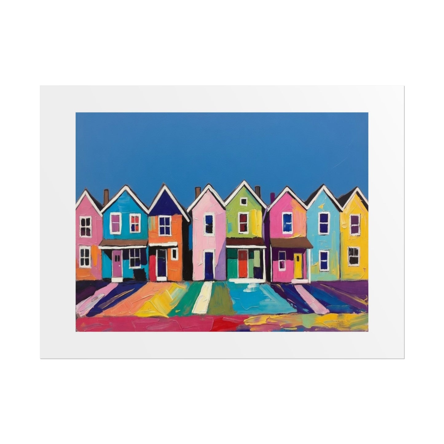 Colorful Row Houses Art Poster — Vibrant Coastal Street Wall Print