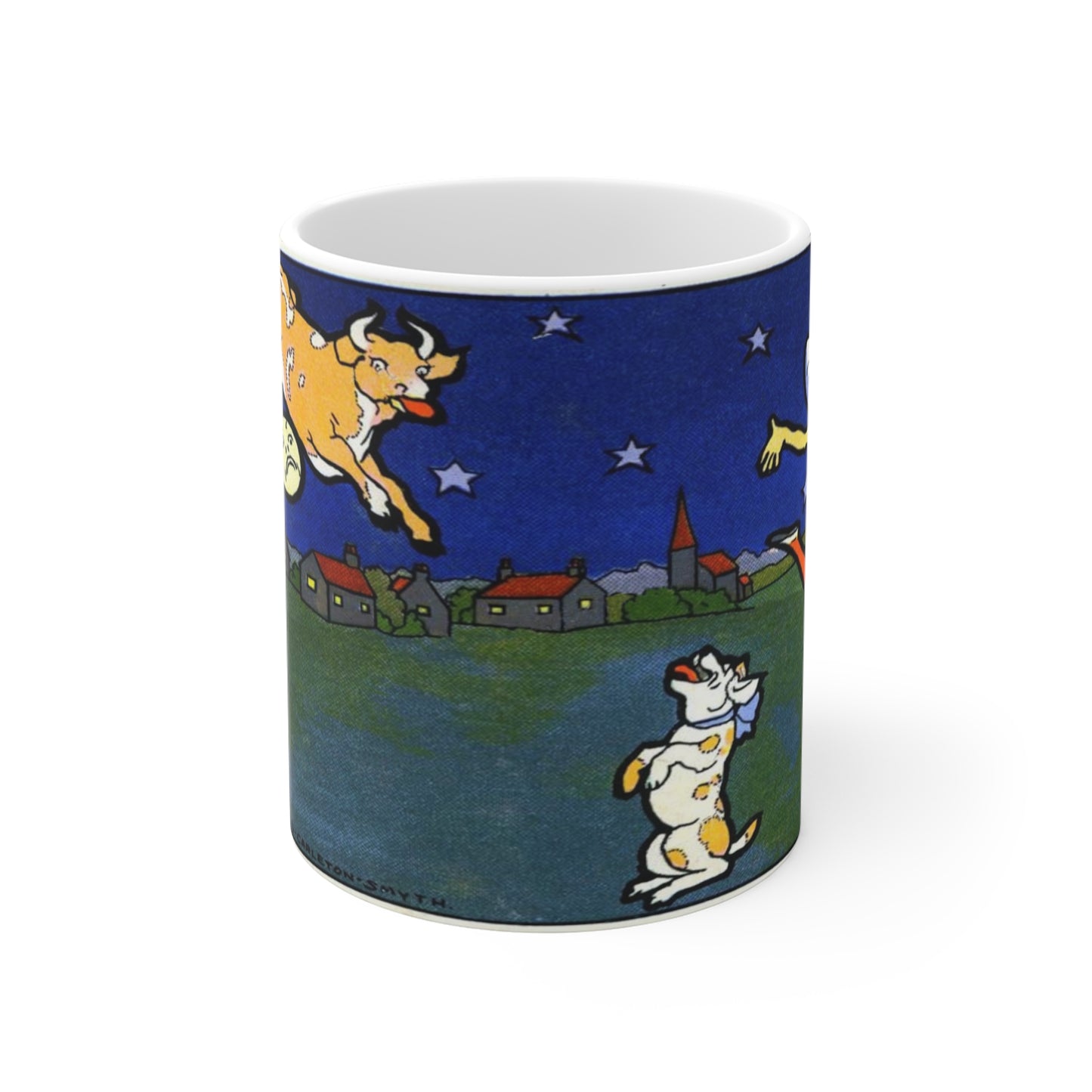 Cow Jumping Over the Moon Mug — Whimsical Nursery Art Coffee Cup