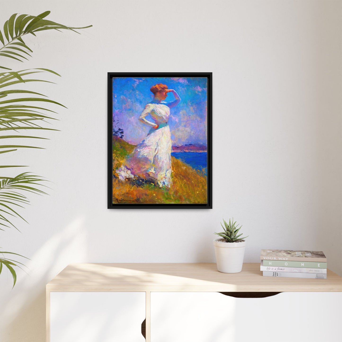 Framed Matte Canvas Art - Woman in White Seaside Impressionist Print