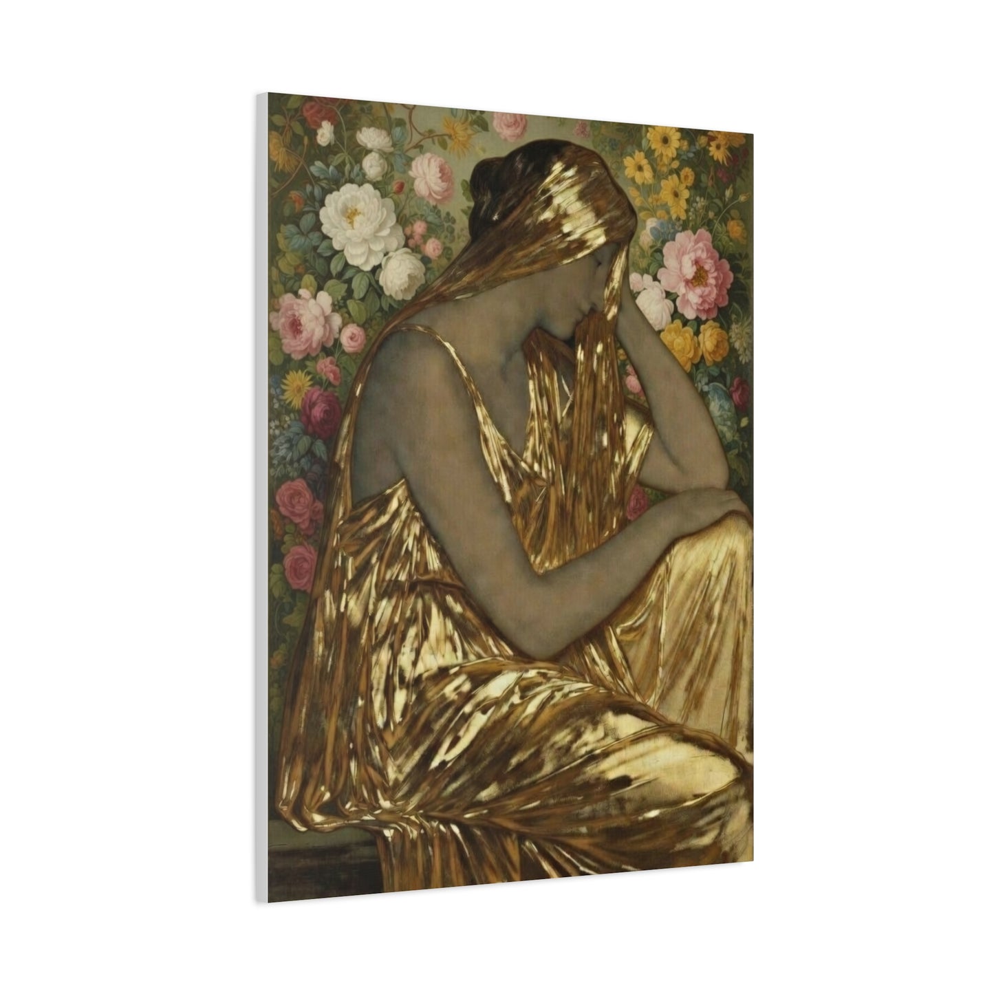 Golden Muse Canvas Print — Woman in Gold Floral Art (Stretched Matte)