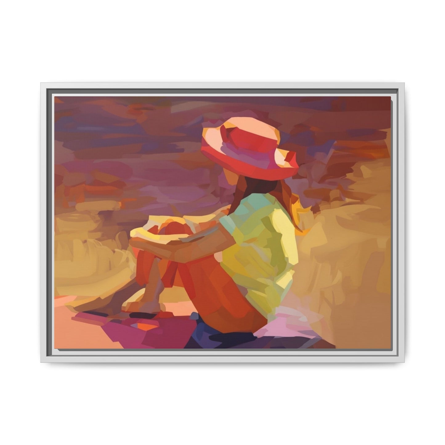 Framed Matte Canvas — Colorful Seated Girl Beach Art