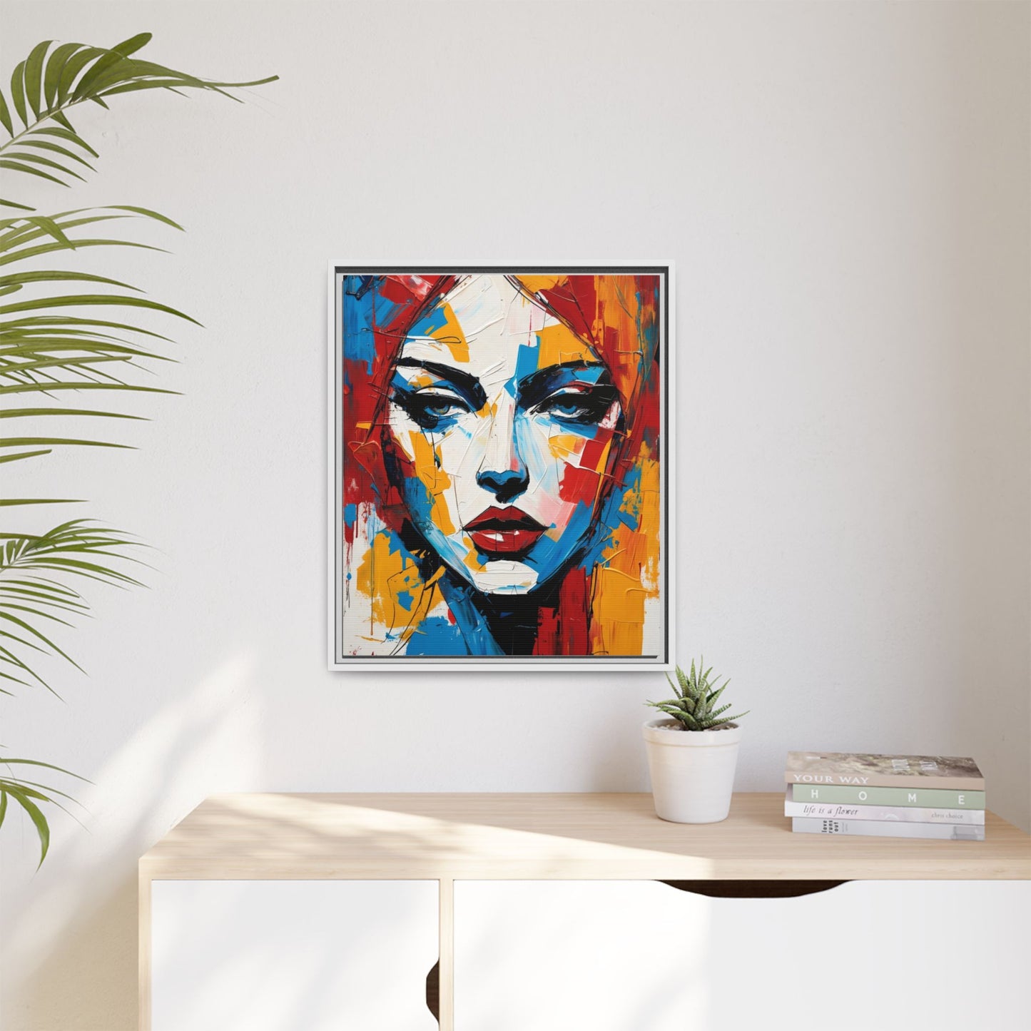 Framed Abstract Portrait Canvas — Colorful Female Face Wall Art