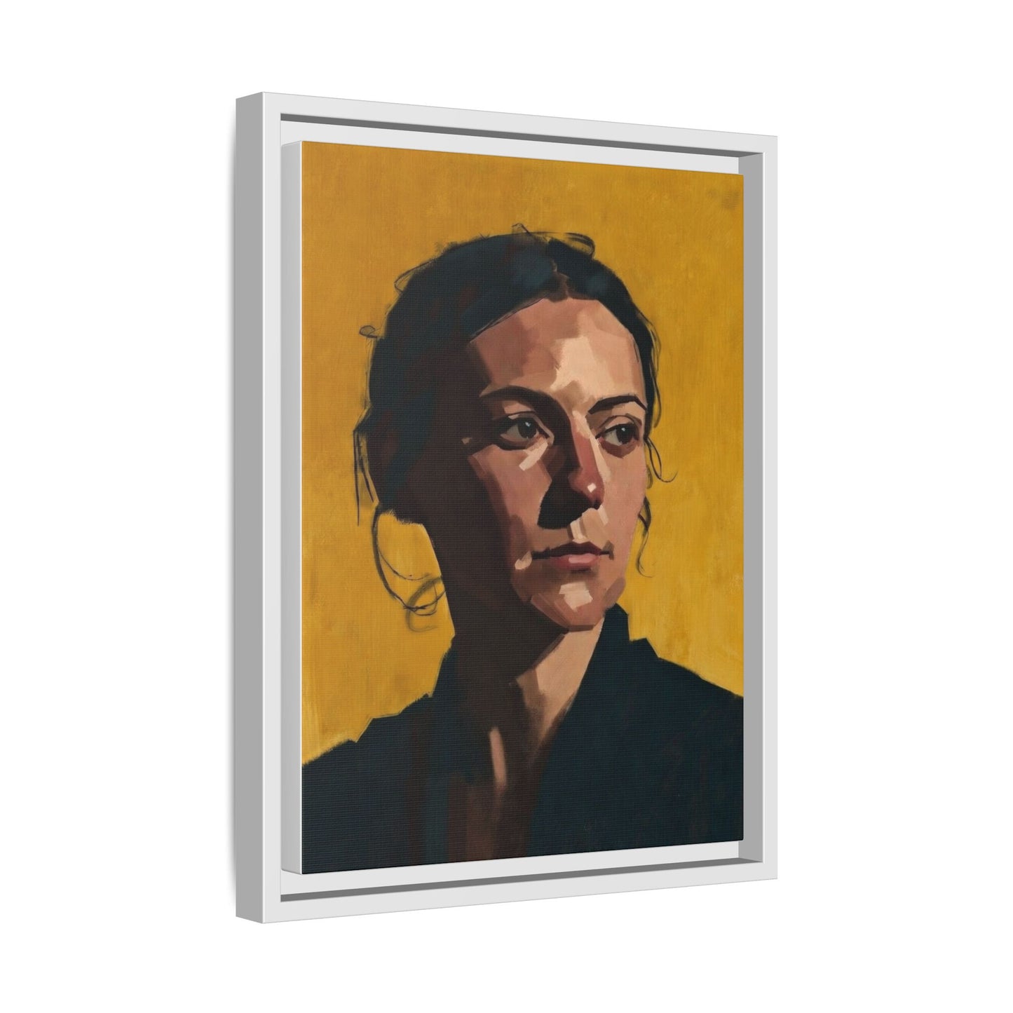 Framed Matte Canvas Portrait Art — Moody Woman on Mustard Background