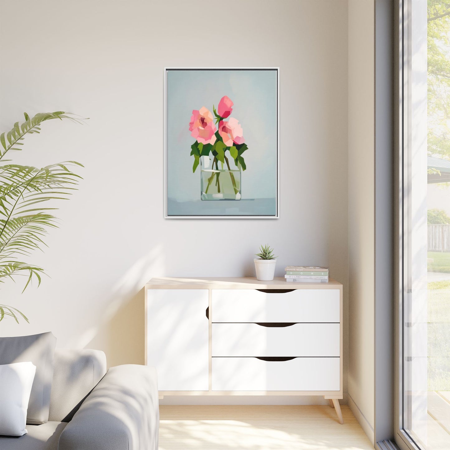 Framed Floral Canvas Print — Pink Roses in Glass Vase (Matte)