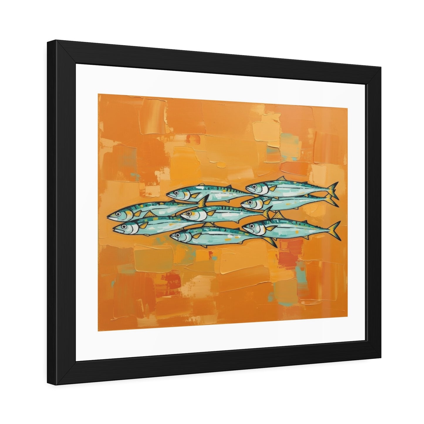 Framed Fish Art Print — School of Mackerel on Orange Abstract Background
