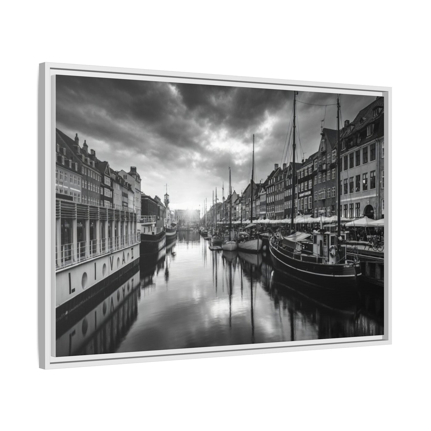 Framed Matte Canvas: Black & White Dutch Canal Photography Wall Art