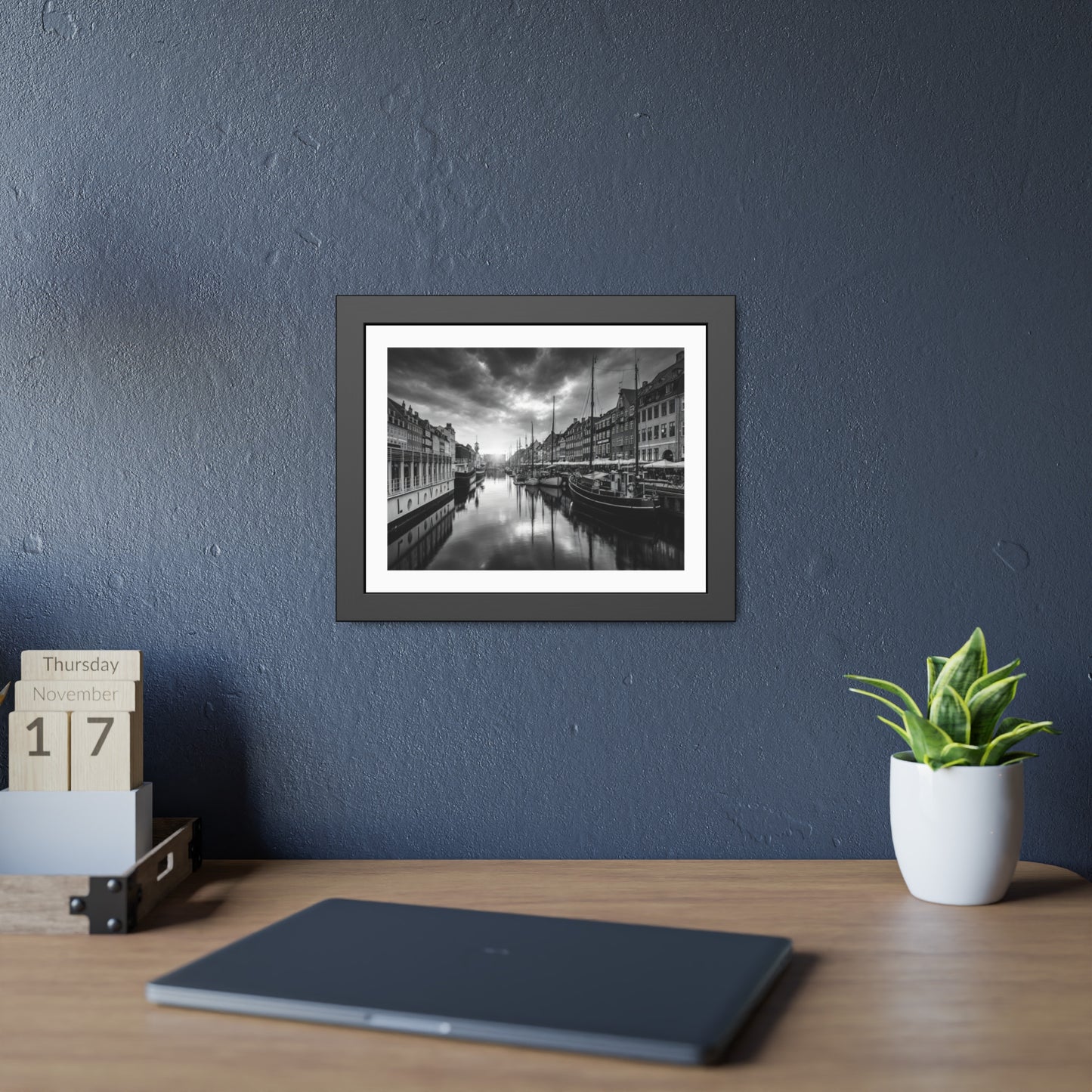 Black & White Dutch Canal Framed Photo Print — Nautical Cityscape Wall Art