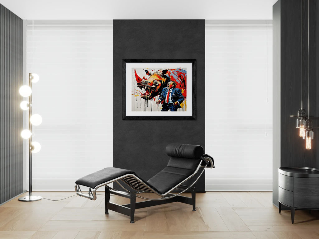 Rhinoceros wearing a business suit screaming aloud while seeing the stock price crash by Kazuo Shiraga Wall Art Print