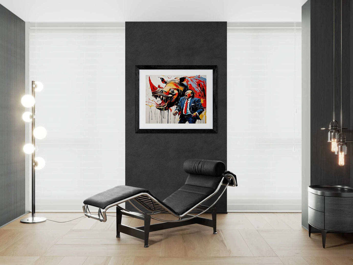 Rhinoceros wearing a business suit screaming aloud while seeing the stock price crash by Kazuo Shiraga Wall Art Print