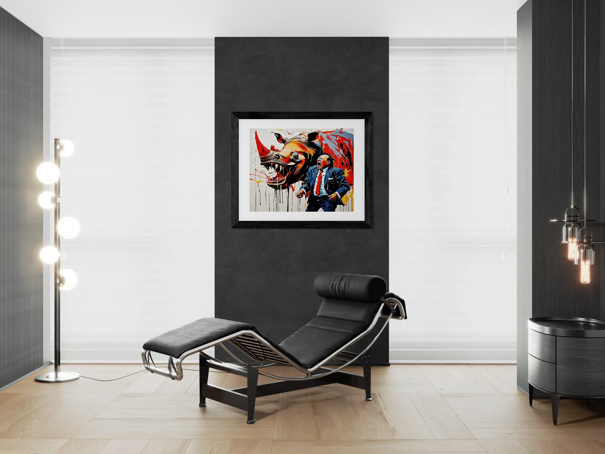 Rhinoceros wearing a business suit screaming aloud while seeing the stock price crash by Kazuo Shiraga Wall Art Print