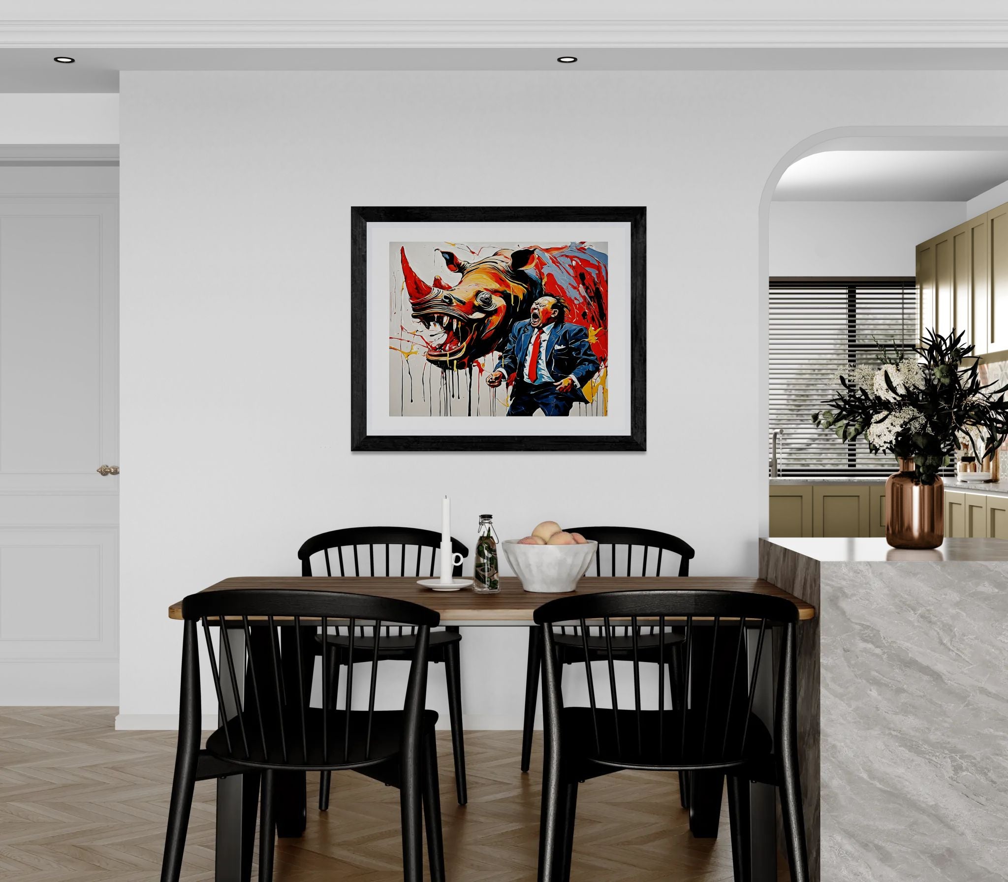 Rhinoceros wearing a business suit screaming aloud while seeing the stock price crash by Kazuo Shiraga Wall Art Print