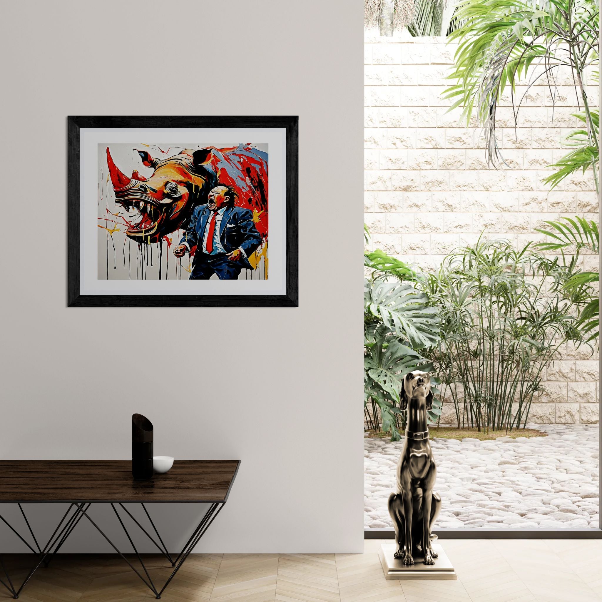 Rhinoceros wearing a business suit screaming aloud while seeing the stock price crash by Kazuo Shiraga Wall Art Print