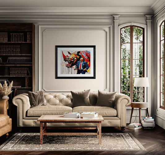 Rhinoceros wearing a business suit screaming aloud while seeing the stock price crash by Kazuo Shiraga Wall Art Print