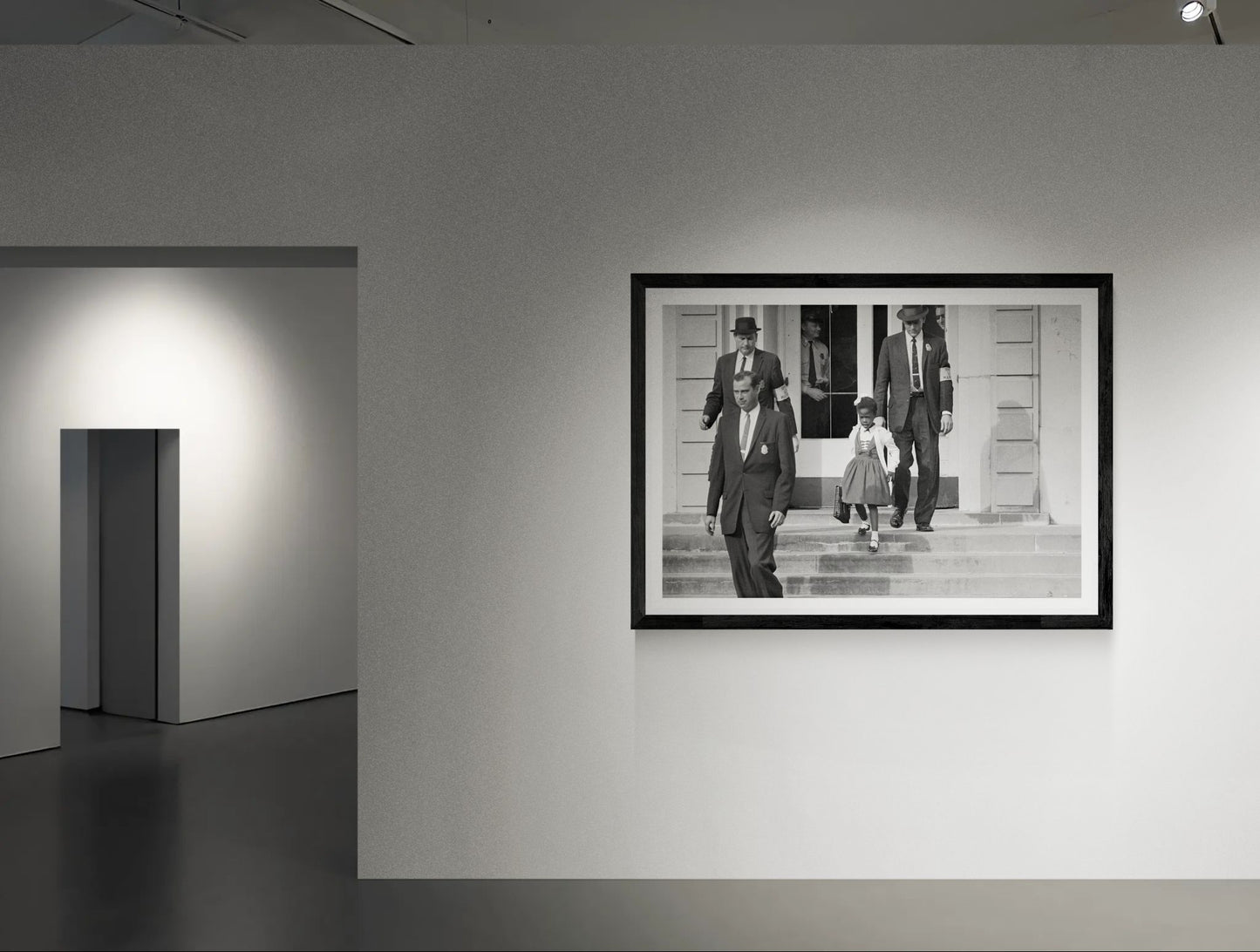 US Marshals with Young Ruby Bridges on School Steps by Unknown  Black & White Civil Rights Photograph Wall Art Print