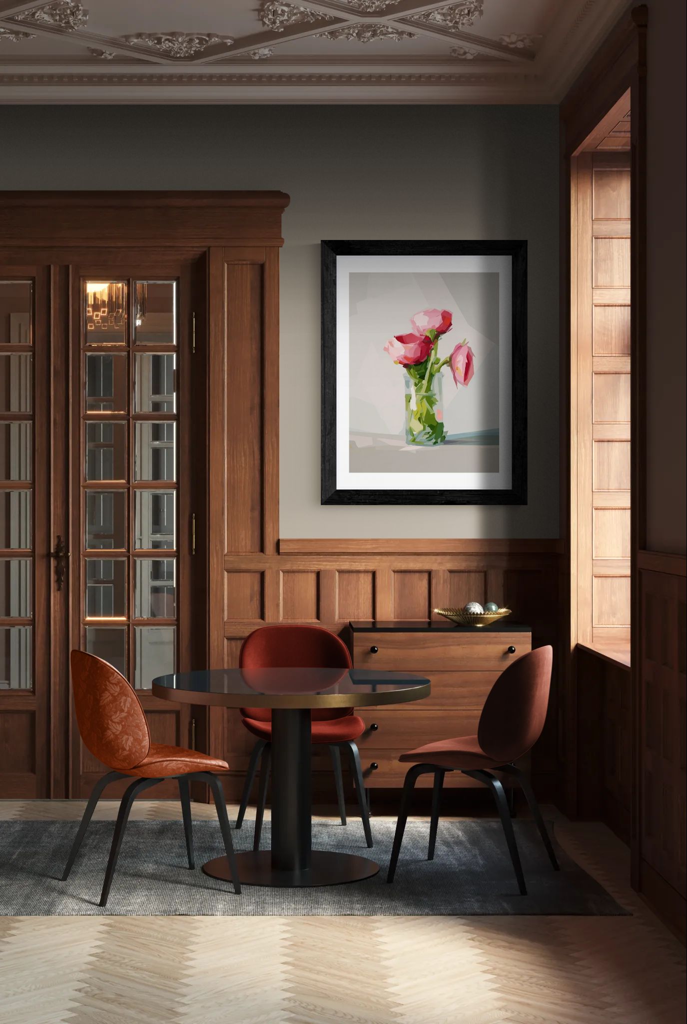 Floral Still Life Poster — Pink Roses in Vase Rolled Art Print