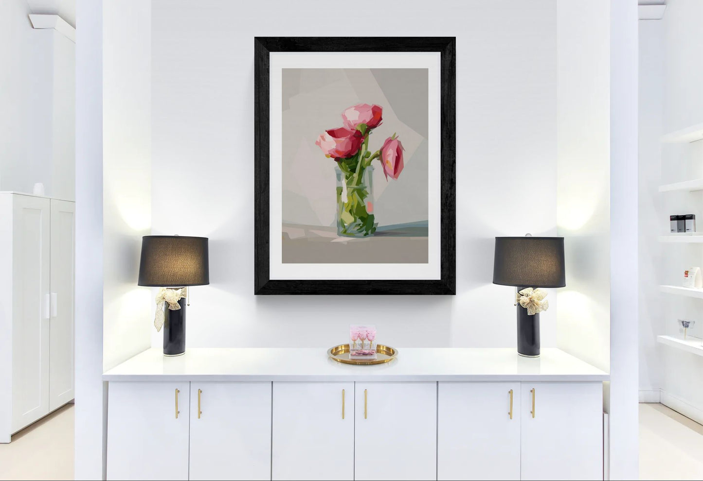 Floral Still Life Poster — Pink Roses in Vase Rolled Art Print