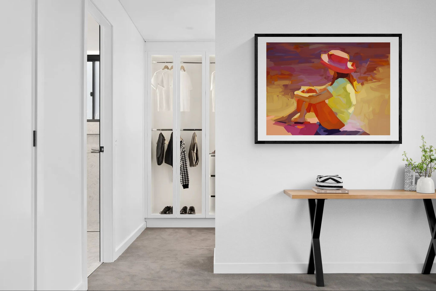 Sunset Daydream Rolled Poster — Colorful Girl in Hat Beach Art Print