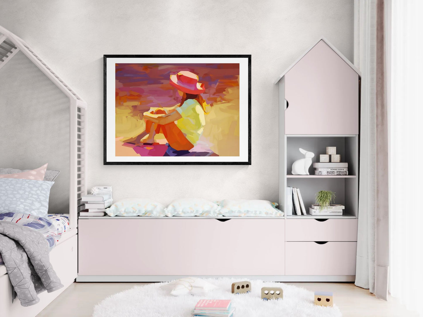 Sunset Daydream Rolled Poster — Colorful Girl in Hat Beach Art Print