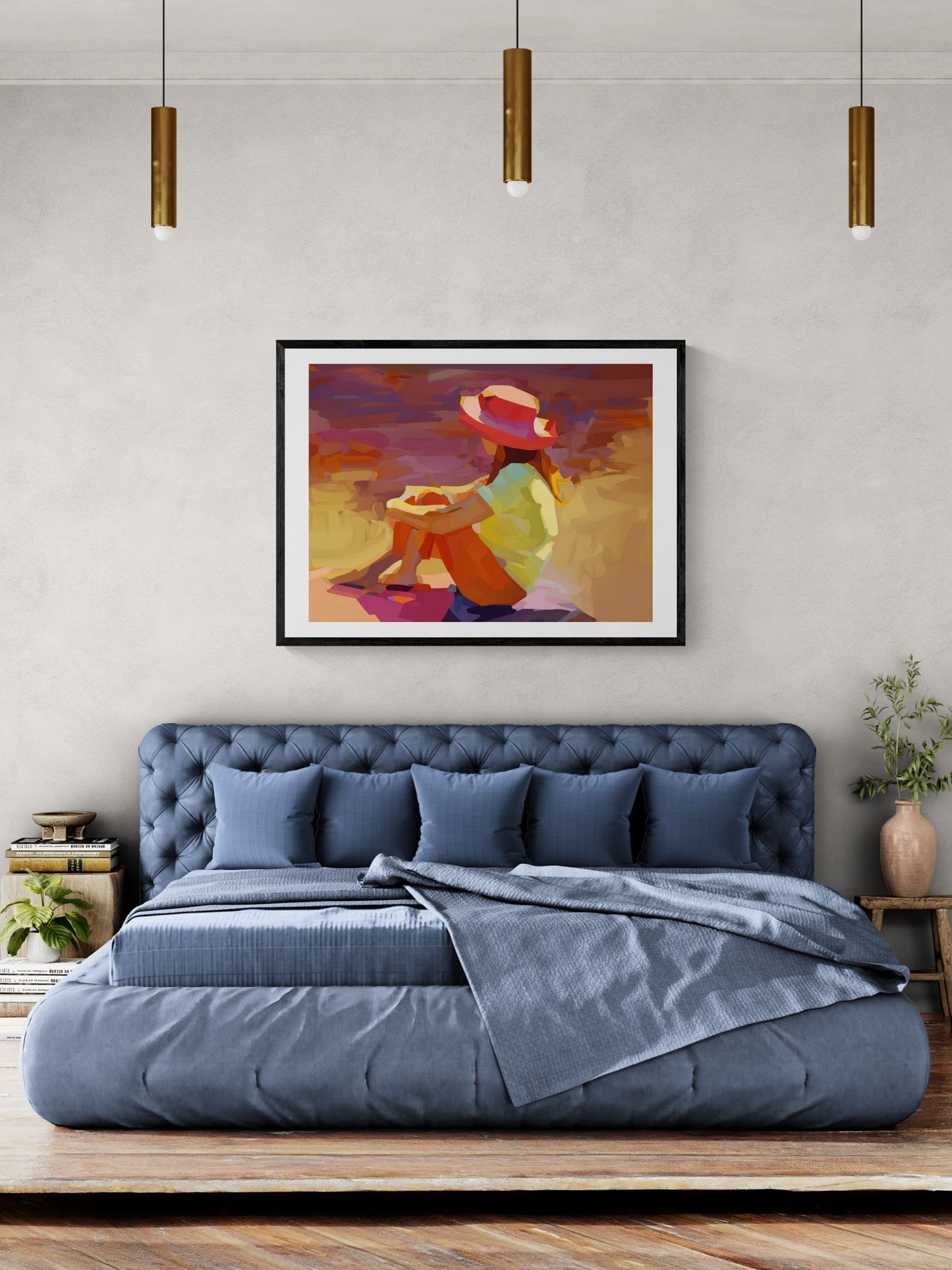 Sunset Daydream Rolled Poster — Colorful Girl in Hat Beach Art Print