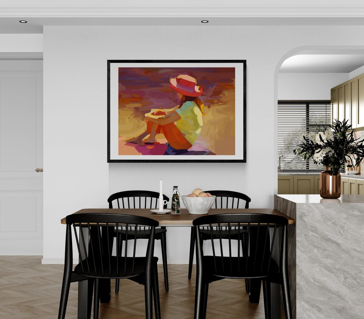 Sunset Daydream Rolled Poster — Colorful Girl in Hat Beach Art Print