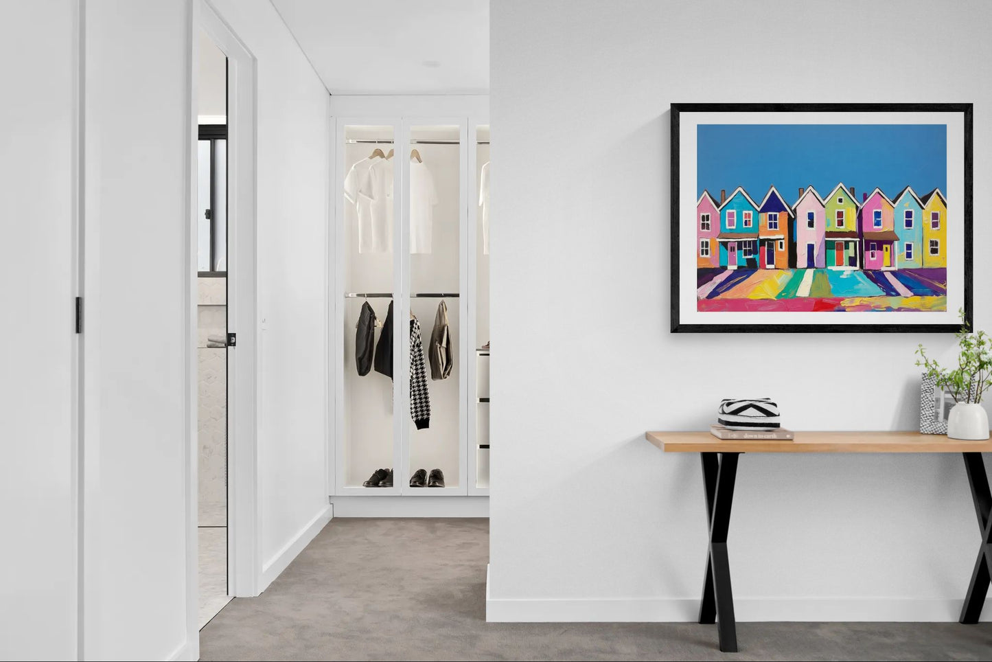 Colorful Row Houses Art Poster — Vibrant Coastal Street Wall Print