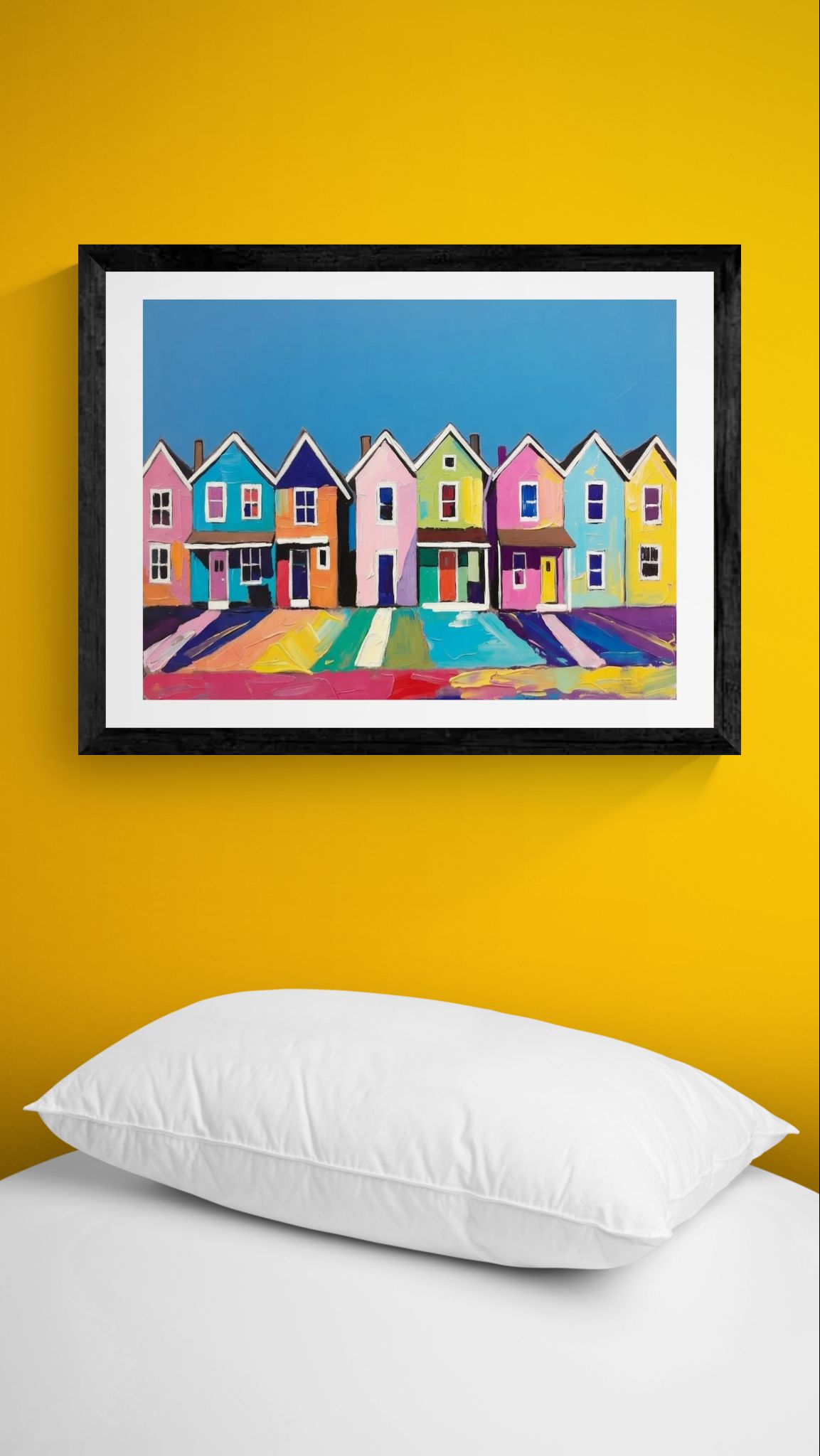 Colorful Row Houses Art Poster — Vibrant Coastal Street Wall Print