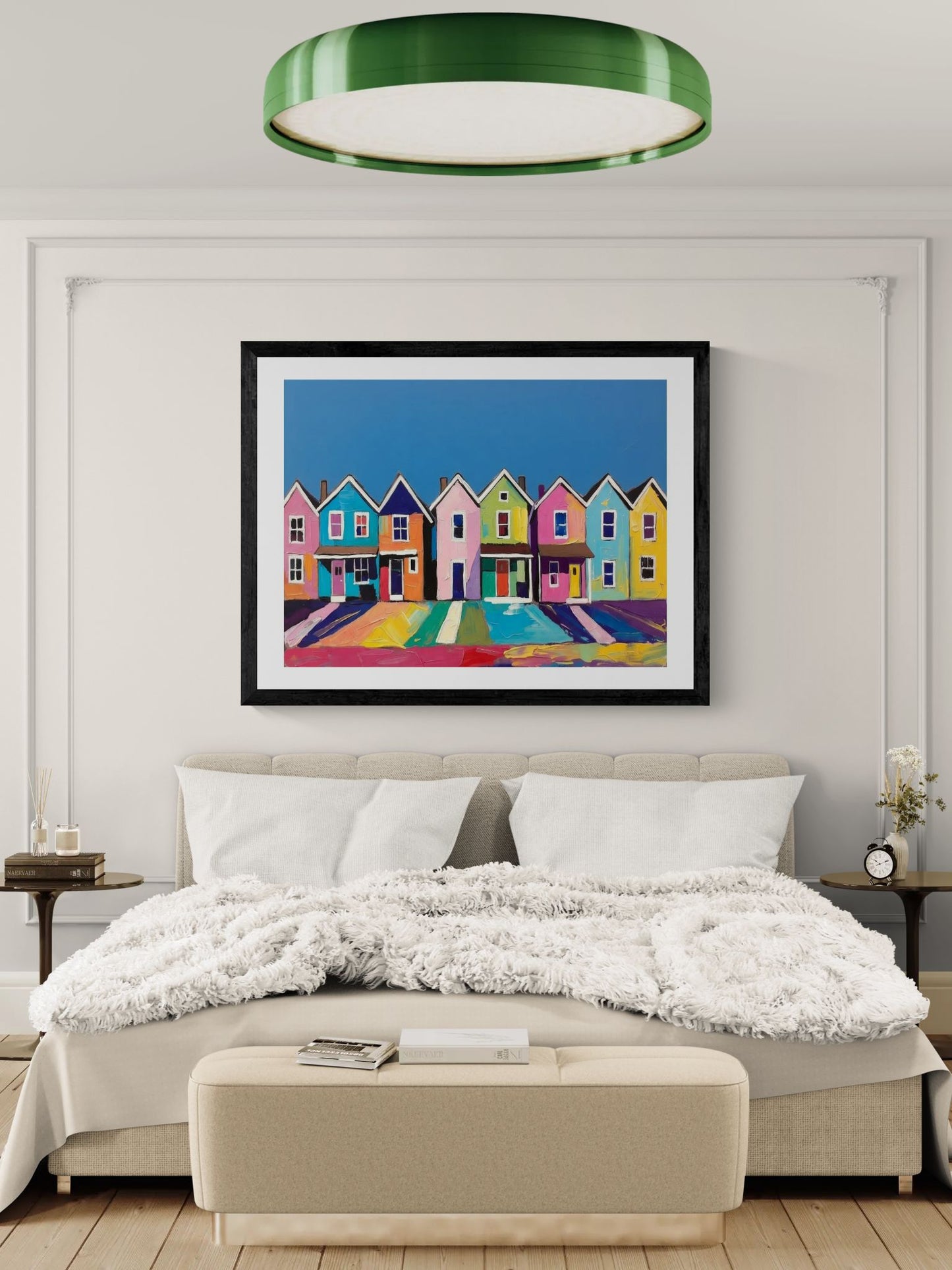 Colorful Row Houses Art Poster — Vibrant Coastal Street Wall Print