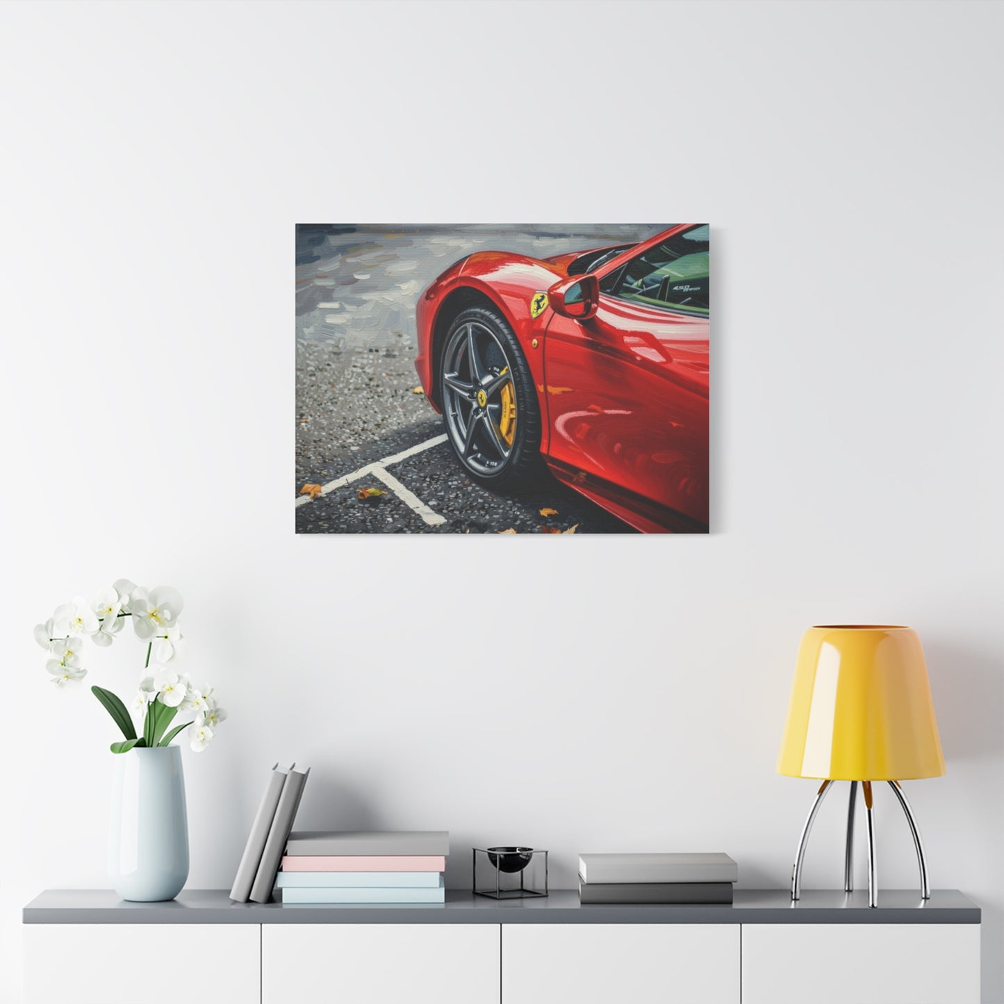 Red Sports Car Canvas Print — Ferrari Wheel Close-Up Matte Stretched Wall Art