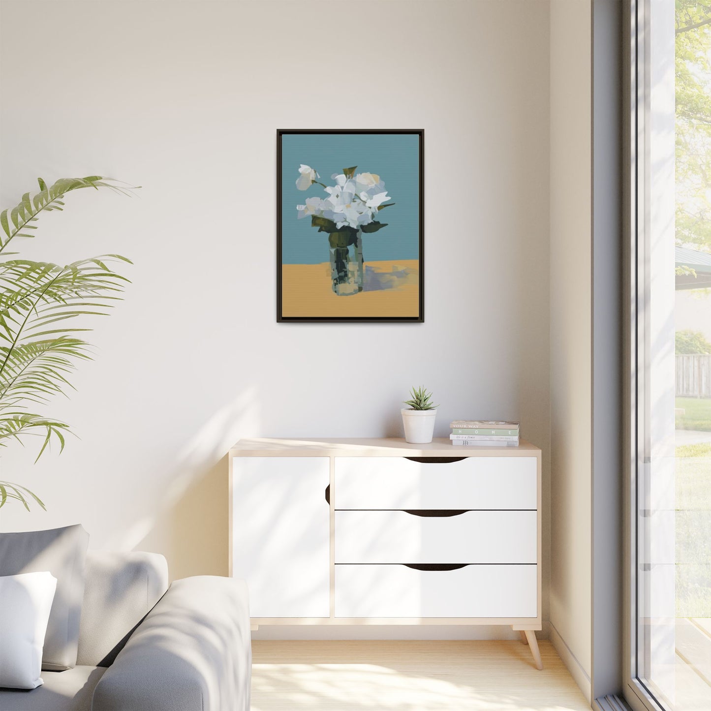 Framed Floral Still Life Canvas Art — Modern White Bouquet Wall Art