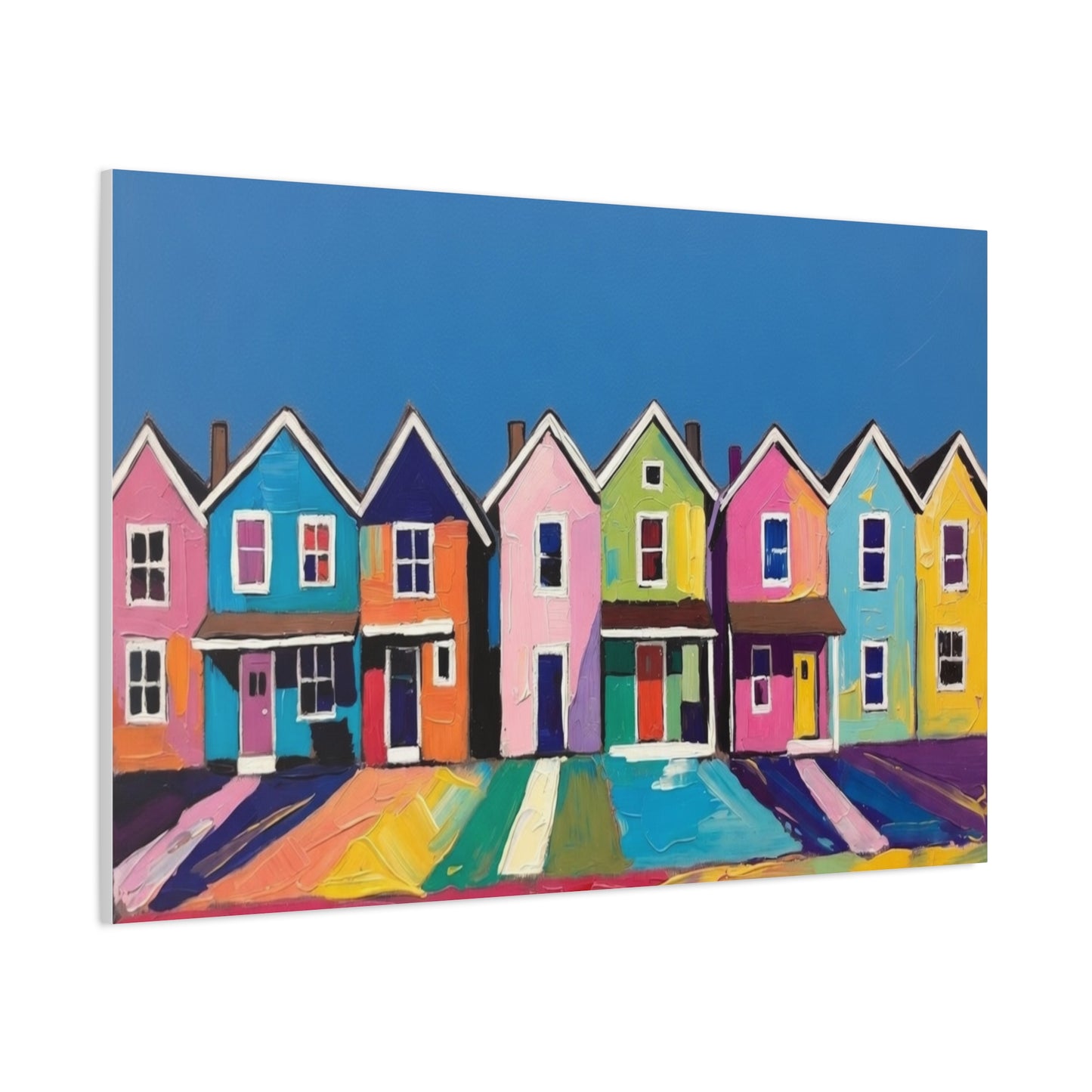 Colorful Row Houses Matte Canvas Print Vibrant Coastal Neighborhood Wall Art